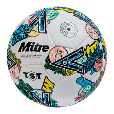Front ¾ left view of the Mitre TST Replica Training Football White and Multi-Colour