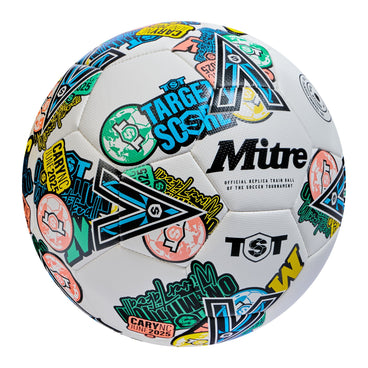 Front ¾ right view of the Mitre TST Replica Training Football White and Multi-Colour