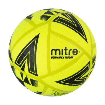 Front ¾ right view of the Mitre Ultimatch Indoor Football Yellow and Black