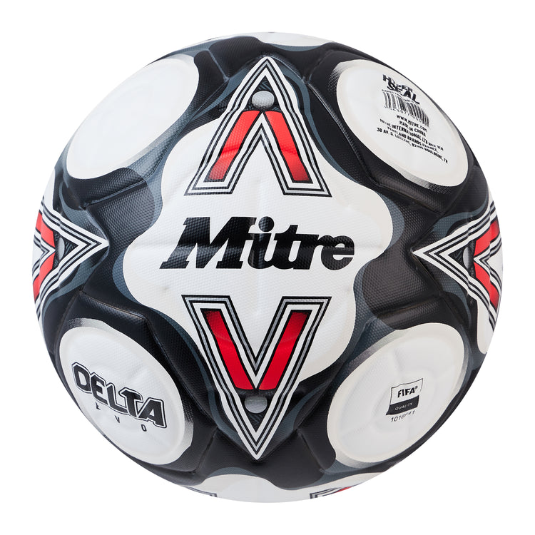 Front view of the Mitre Delta Evo Football White and Black