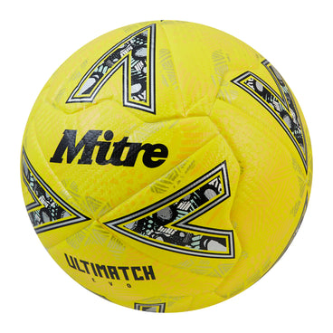 Front ¾ left view of the Mitre Ultimatch Evo Football Yellow