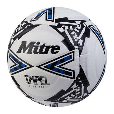 Front ¾ left view of the Mitre Impel Lite 360 Football White and Black