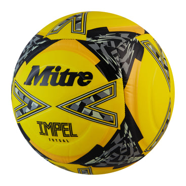 Front ¾ left view of the Mitre Impel Futsal Football Yellow and Black