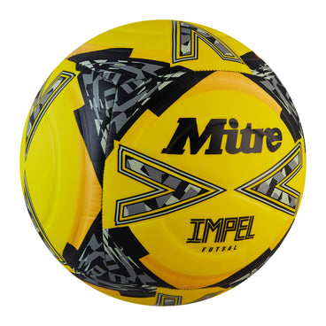 Front ¾ right view of the Mitre Impel Futsal Football Yellow and Black