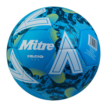 Front ¾ left view of the Mitre Calcio Football Blue and White