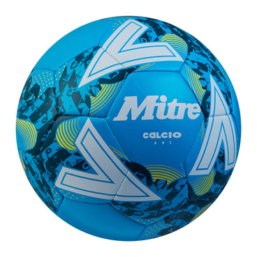 Front ¾ right view of the Mitre Calcio Football Blue and White