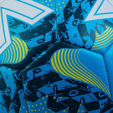 Back ¾ left view of the Mitre Calcio Football Blue and White