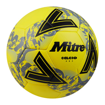 Front ¾ right view of the Mitre Calcio Football Yellow and Black
