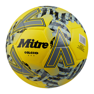 Front ¾ left view of the Mitre Calcio Evo Football Yellow and Black