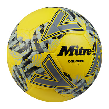 Front ¾ right view of the Mitre Calcio Evo Football Yellow and Black