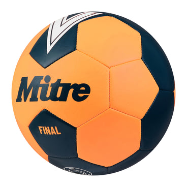Front ¾ left view of the Mitre Final Football Orange and Green
