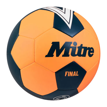 Front ¾ right view of the Mitre Final Football Orange and Green