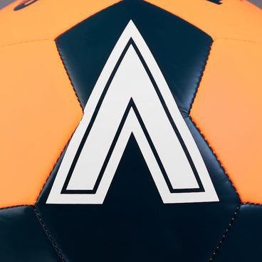 Back ¾ left view of the Mitre Final Football Orange and Green