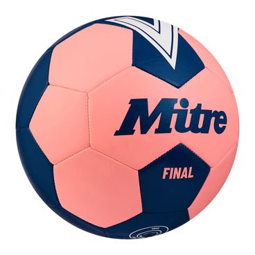 Front ¾ right view of the Mitre Final Football Pink and Blue