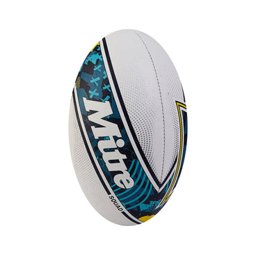 Front ¾ left view of the Mitre Squad Rugby Ball White and Navy