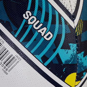 Back ¾ right view of the Mitre Squad Rugby Ball White and Navy