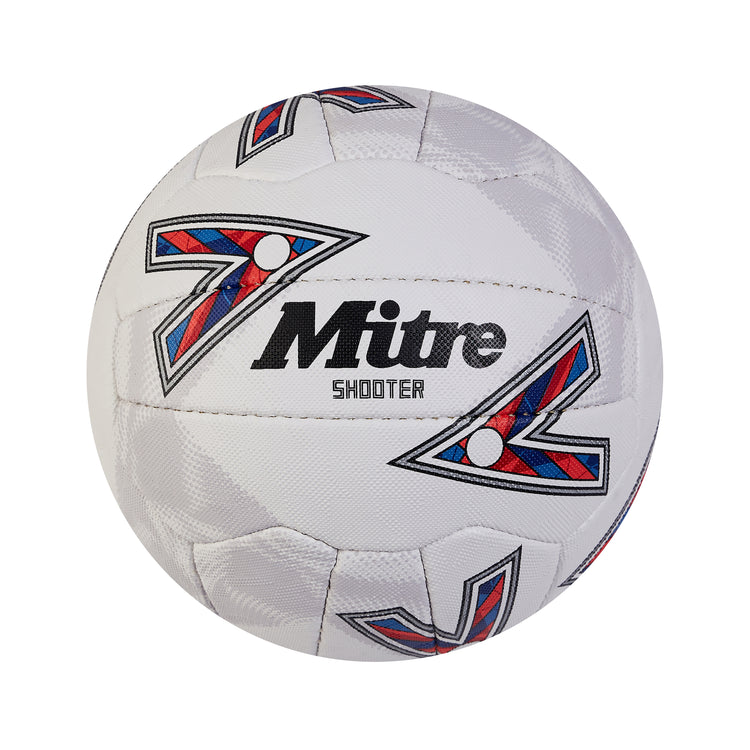 Front view of the Mitre Shooter Netball White and Red