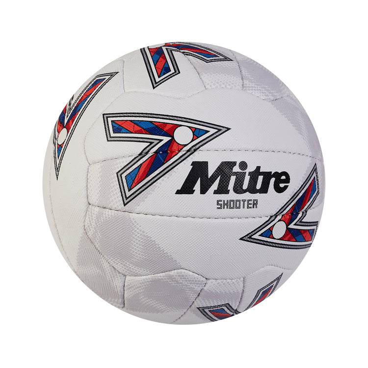 Front ¾ right view of the Mitre Shooter Netball White and Red