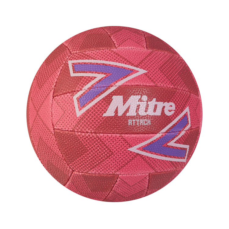 Front ¾ right view of the Mitre Attack Netball Pink and Purple