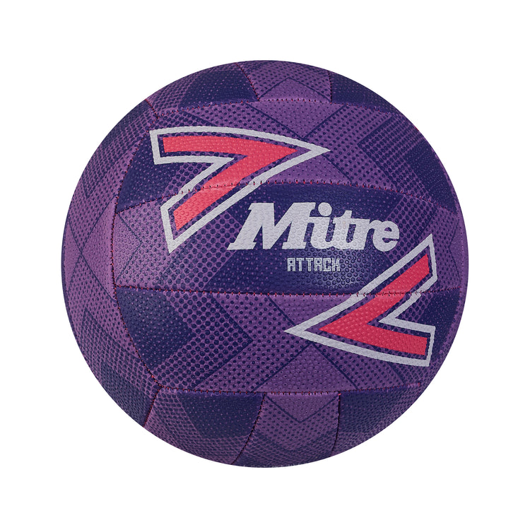 Front ¾ right view of the Mitre Attack Netball Purple and Pink