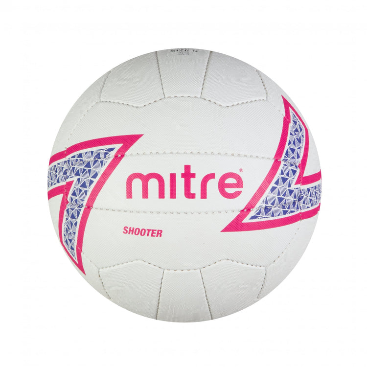 Front view of the Mitre Shooter Netball White, Pink and Purple