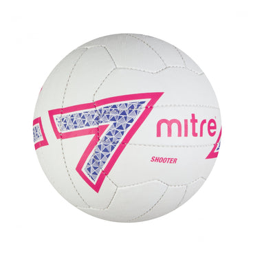 Front ¾ left view of the Mitre Shooter Netball White, Pink and Purple