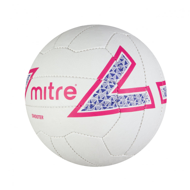 Front ¾ right view of the Mitre Shooter Netball White, Pink and Purple