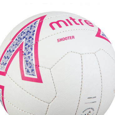 Back ¾ left view of the Mitre Shooter Netball White, Pink and Purple