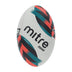 Front view of the Mitre Squad Rugby Ball White, Black and Orange