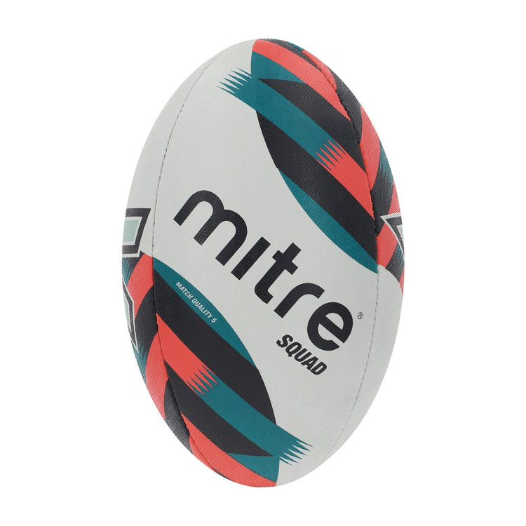 Front view of the Mitre Squad Rugby Ball White, Black and Orange