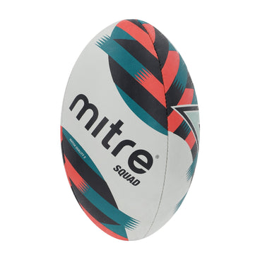 Front ¾ left view of the Mitre Squad Rugby Ball White, Black and Orange