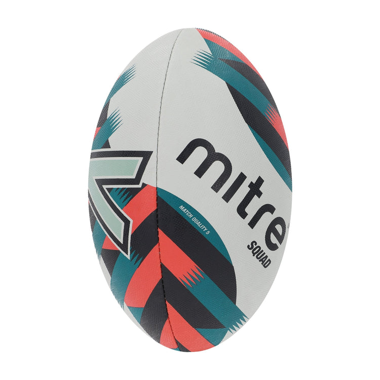 Front ¾ right view of the Mitre Squad Rugby Ball White, Black and Orange