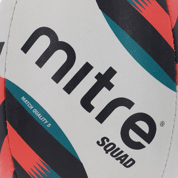 Back ¾ left view of the Mitre Squad Rugby Ball White, Black and Orange