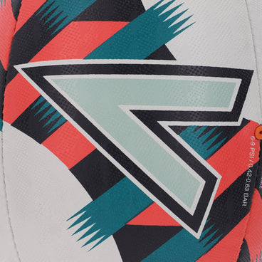 Back ¾ right view of the Mitre Squad Rugby Ball White, Black and Orange