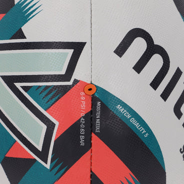 Left side view of the Mitre Squad Rugby Ball White, Black and Orange