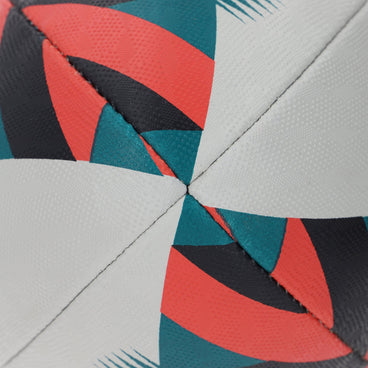 Right side view of the Mitre Squad Rugby Ball White, Black and Orange