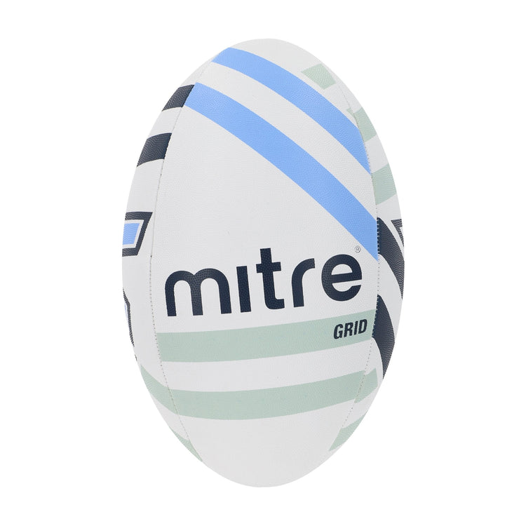 Front view of the Mitre Grid Rugby Ball White, Navy and Sky
