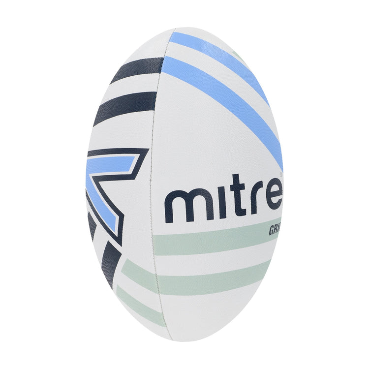 Front ¾ right view of the Mitre Grid Rugby Ball White, Navy and Sky