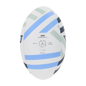 Back view of the Mitre Grid Rugby Ball White, Navy and Sky