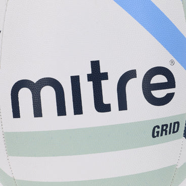 Back ¾ left view of the Mitre Grid Rugby Ball White, Navy and Sky