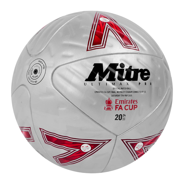 Front ¾ right view of the  Emirates FA Cup Final Ultimax Pro Football Yellow, Navy and Blue