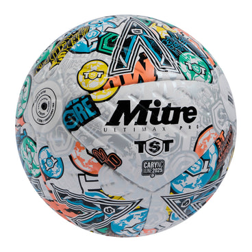 Front ¾ left view of the Mitre TST Ultimax Pro Football White and Multi-Colour