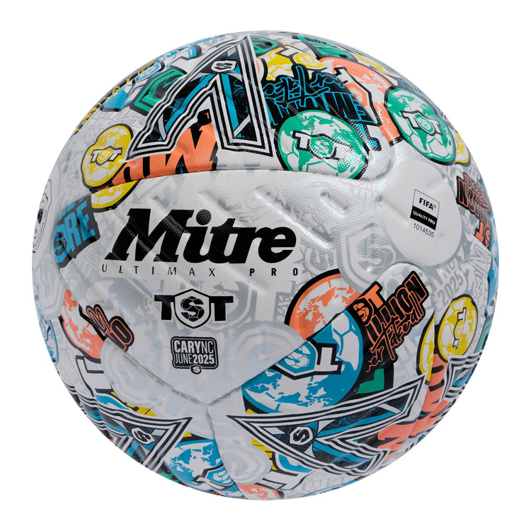 Front ¾ right view of the Mitre TST Ultimax Pro Football White and Multi-Colour