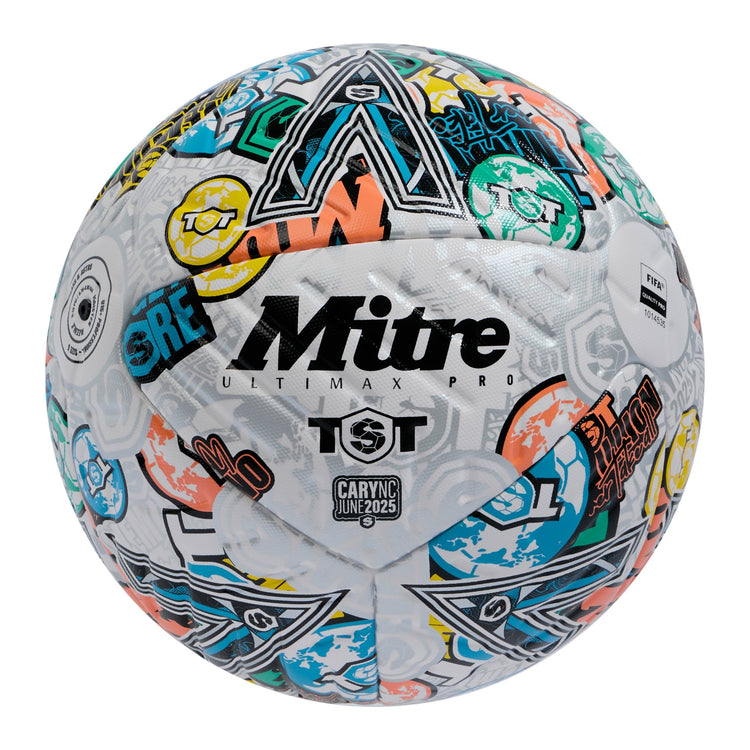 Front view of the Mitre TST Ultimax Pro Football White and Multi-Colour