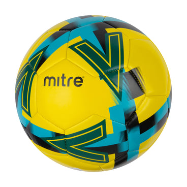 Front ¾ left view of the Mitre Personalised Football Yellow and Blue