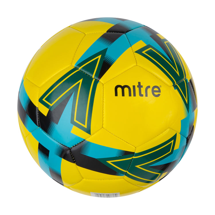 Front ¾ right view of the Mitre Personalised Football Yellow and Blue