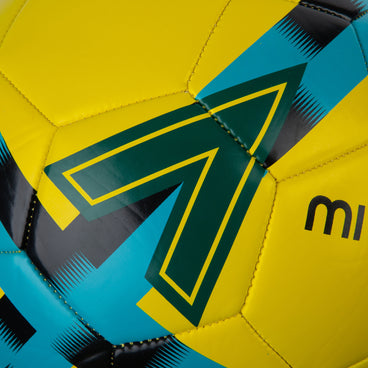 Back ¾ left view of the Mitre Personalised Football Yellow and Blue