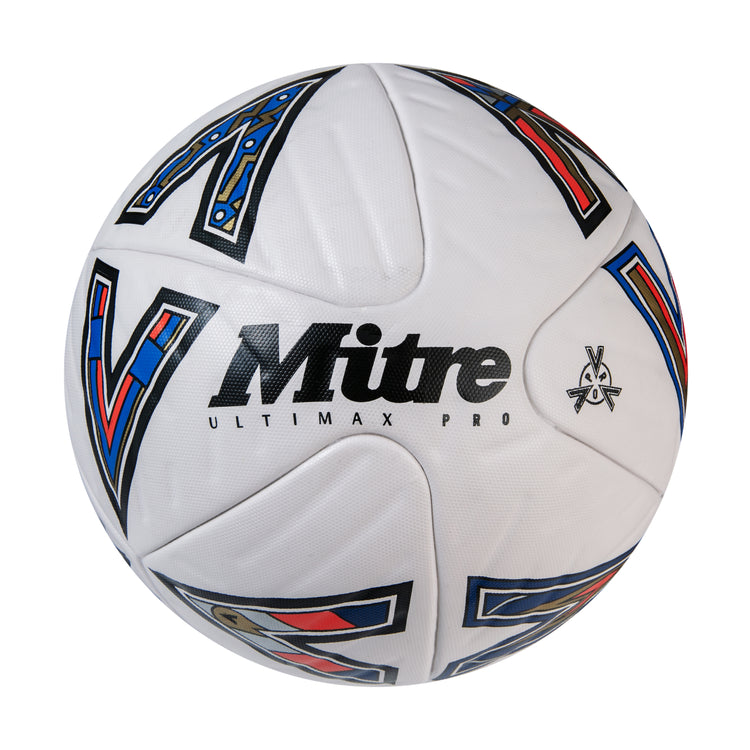 Front ¾ left view of the Mitre Ultimax Pro LE Football White, Red and Blue