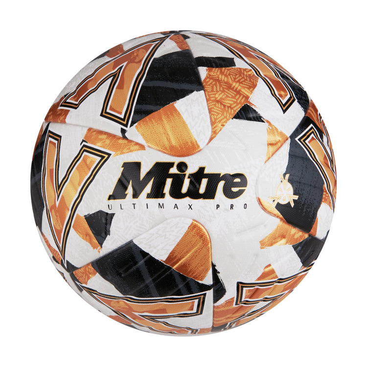 Front view of the Mitre Ultimax Pro Football White, Gold and Black