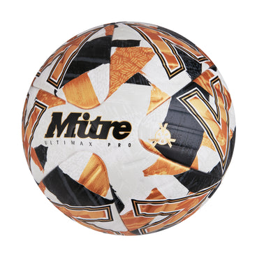 Front ¾ left view of the Mitre Ultimax Pro Football White, Gold and Black